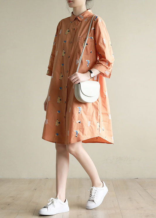Orange Peter Pan Collar Embroideried Cotton Shirt Dresses Bracelet Sleeve