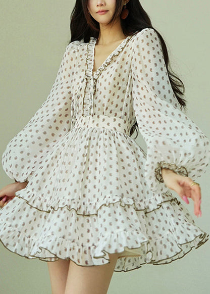 White Ruffled Print Shirts and Skirts Chiffon Two Piece Set Fall