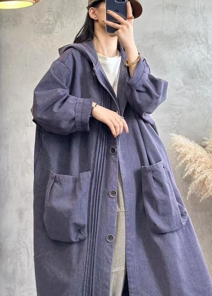 Black Wrinkled Patchwork Button Hooded Denim Trench Coats Long Sleeve