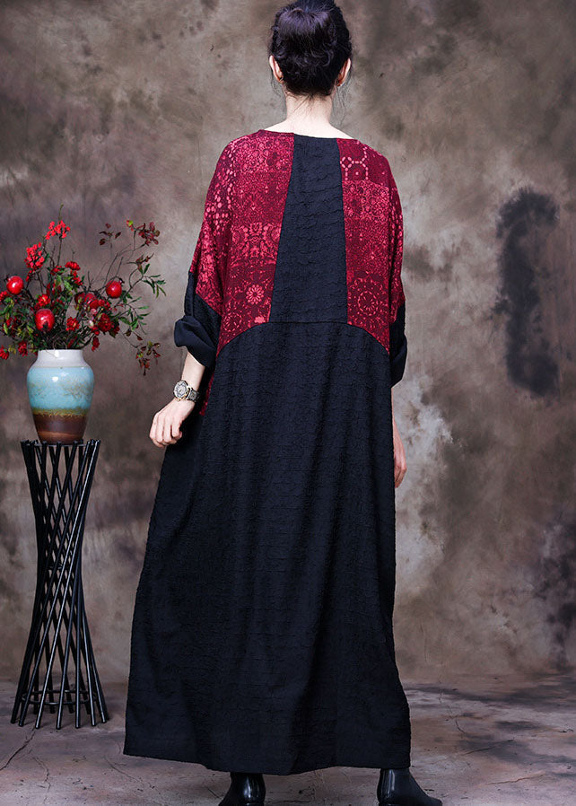 Black Patchwork Red O-neck Pockets Silk Dresses Spring