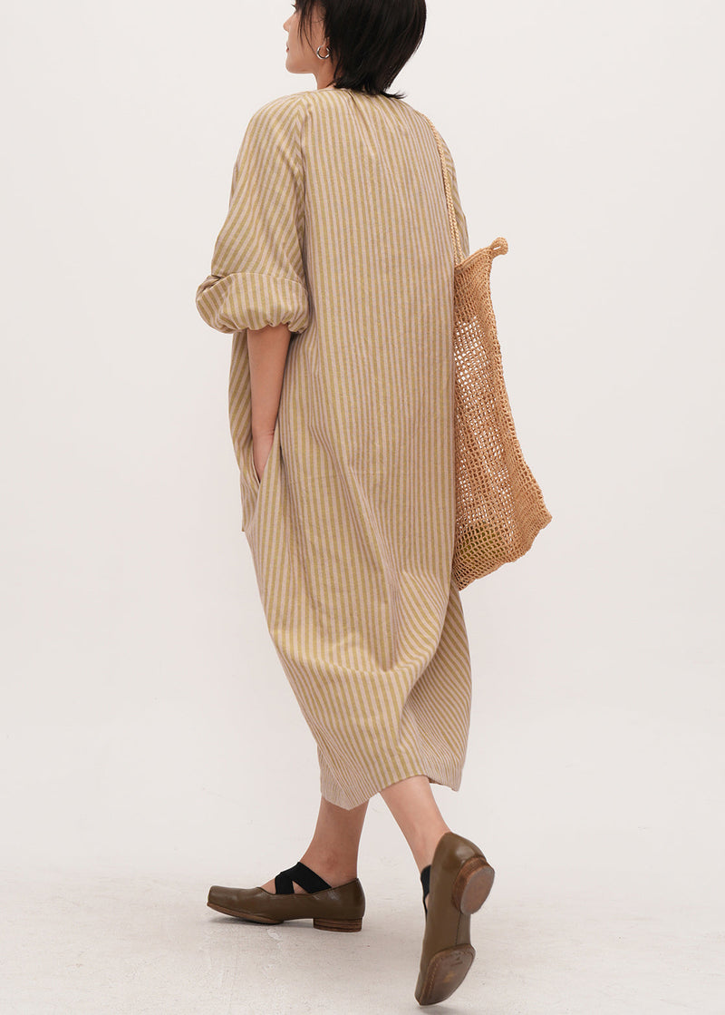 Khaki Oversized Striped Linen Maxi Dresses Bracelet Sleeve