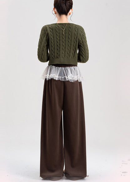 Brown Oversized Patchwork Lace Warm Fleece Pants Spring