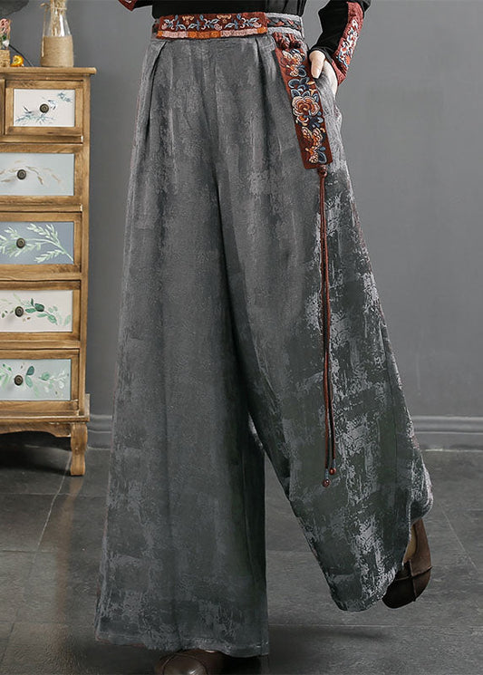 Novelty Grey Embroideried Patchwork Pockets Tassel High Waist Silk Wide Leg Pants Fall
