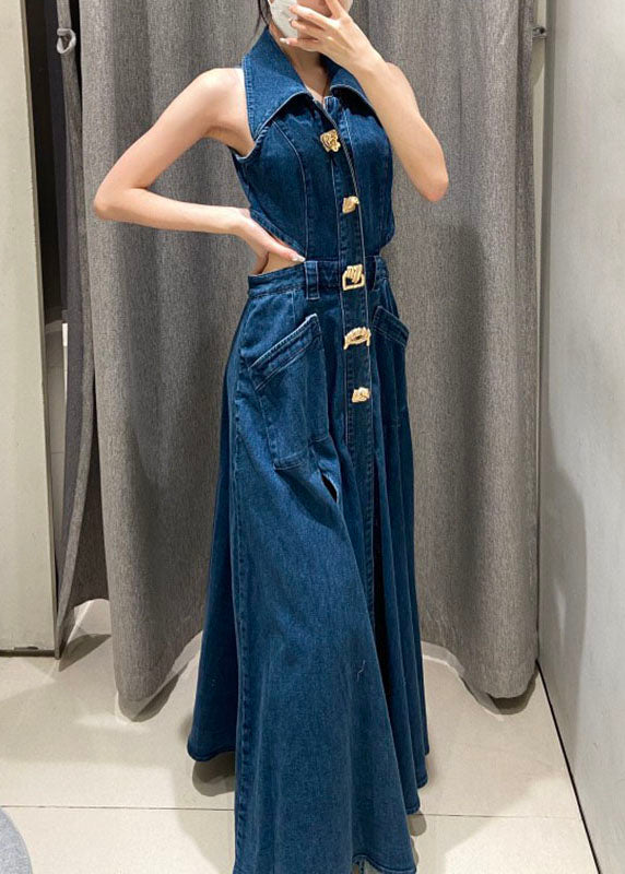 Blue Peter Pan Collar Patchwork Pockets Hollow Out Denim Long Dresses Summer