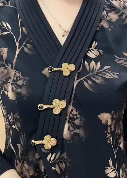 Black V Neck Print Chinese Button Cotton Top Spring