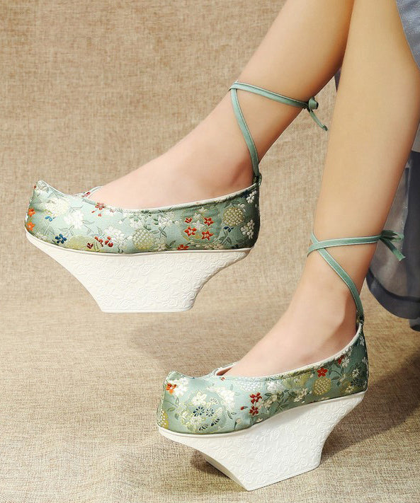 Light Green High Heels Platform Satin Fabric Embroideried Cross Strap High Heels