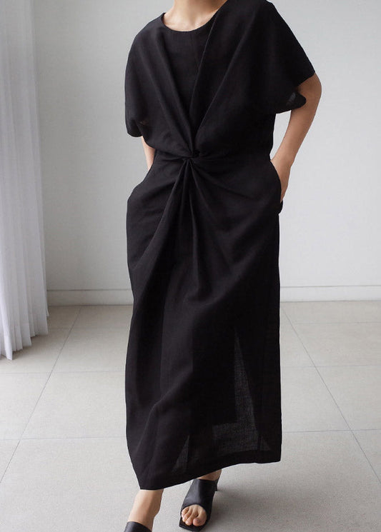 Black O-neck Bowknot Long Dress Short Sleeve
