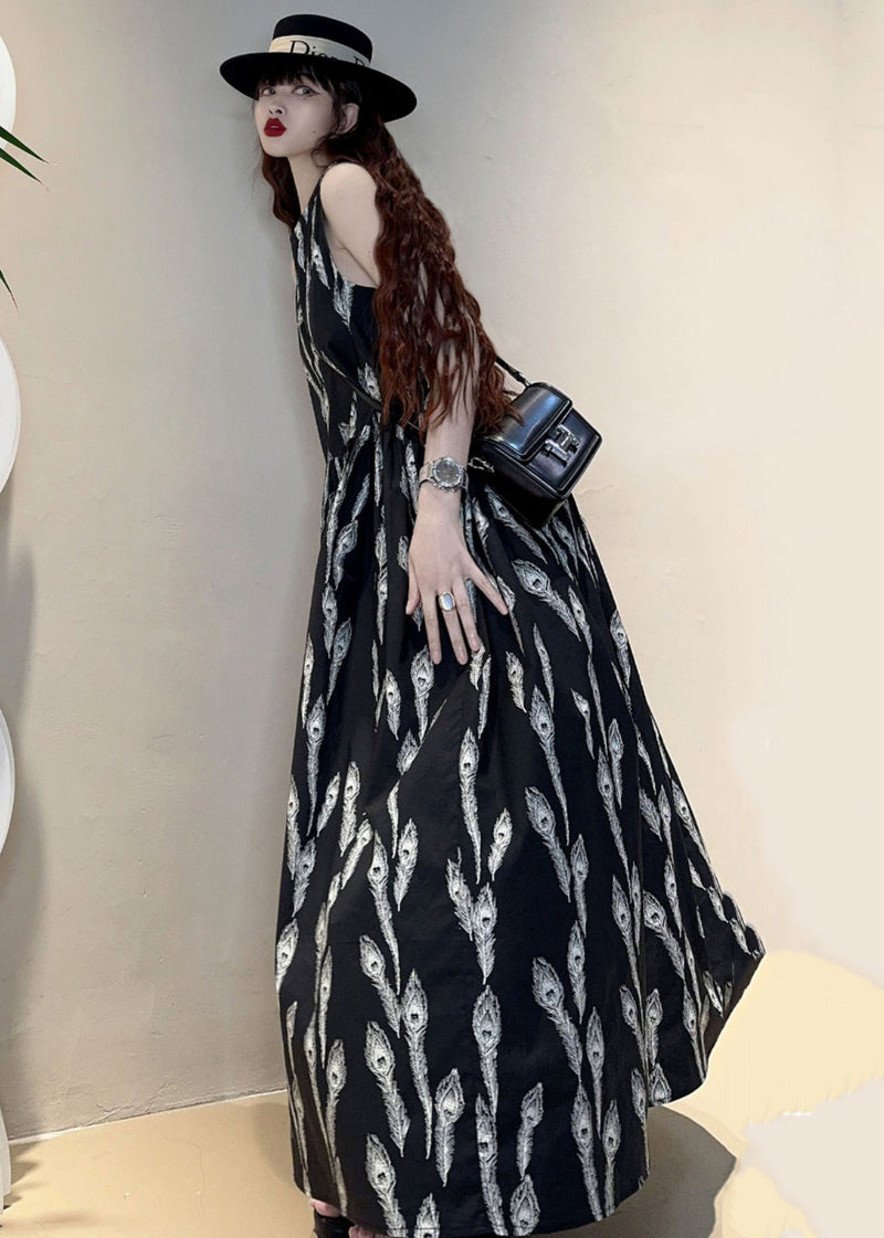 New Black O Neck Print Pockets Cotton Maxi Dresses Sleeveless
