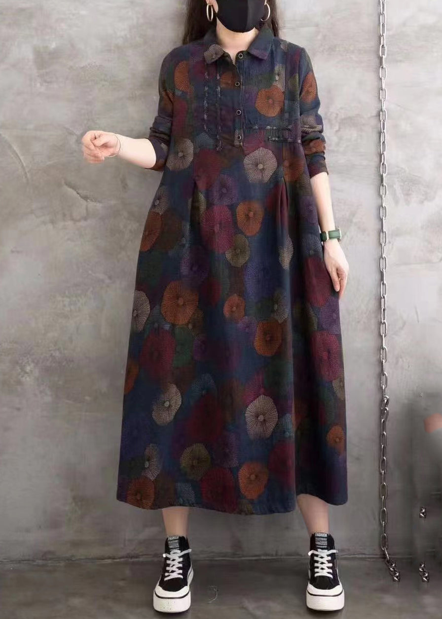 Blue Peter Pan Collar Print Wrinkled Button Long Shirts Dress Spring
