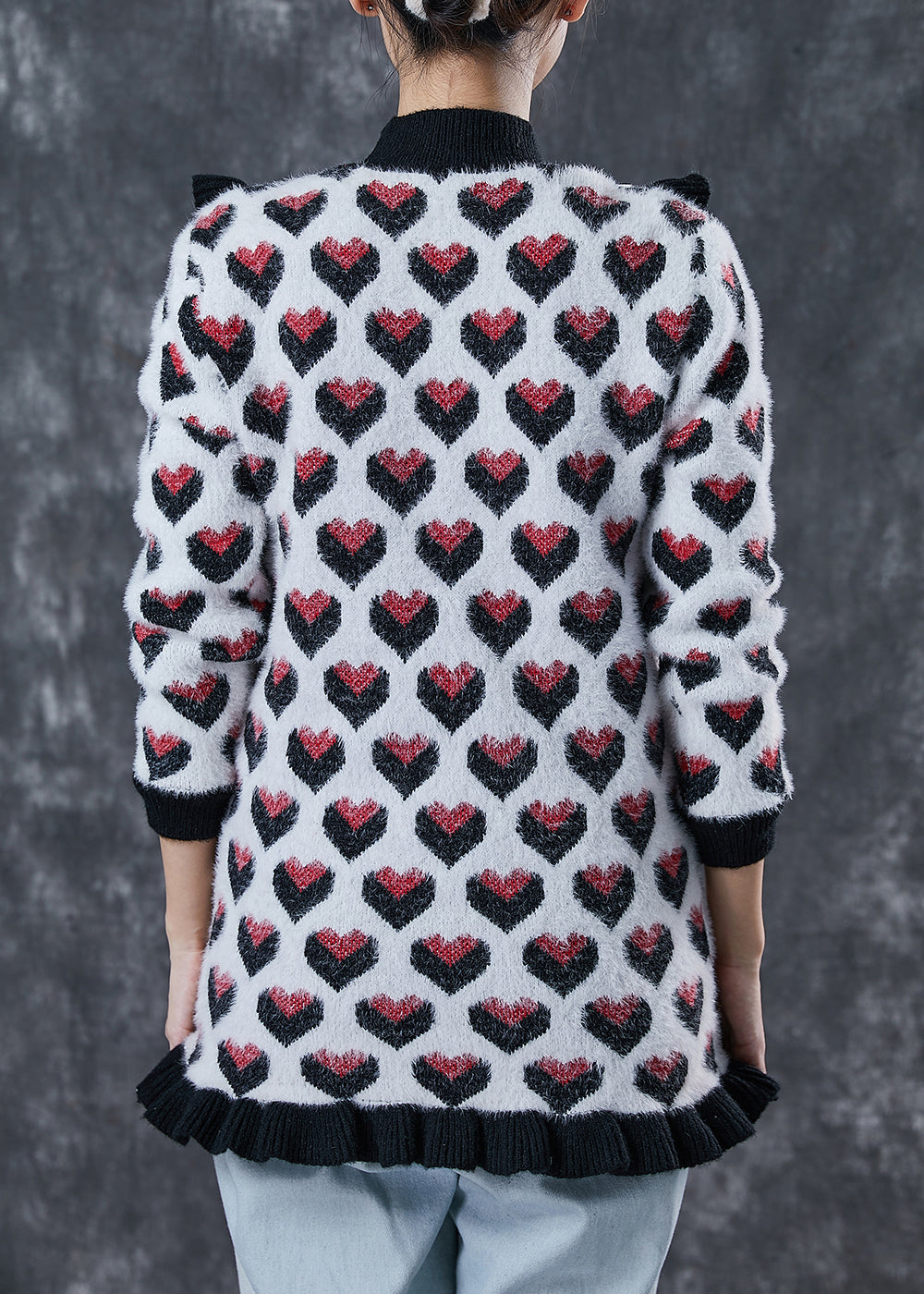 Classy Black Love Print Ruffled Patchwork Knit Sweater Winter
