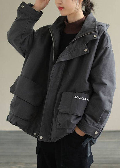 Grey Zippered Loose Drawstring Fall Long Sleeve Coat