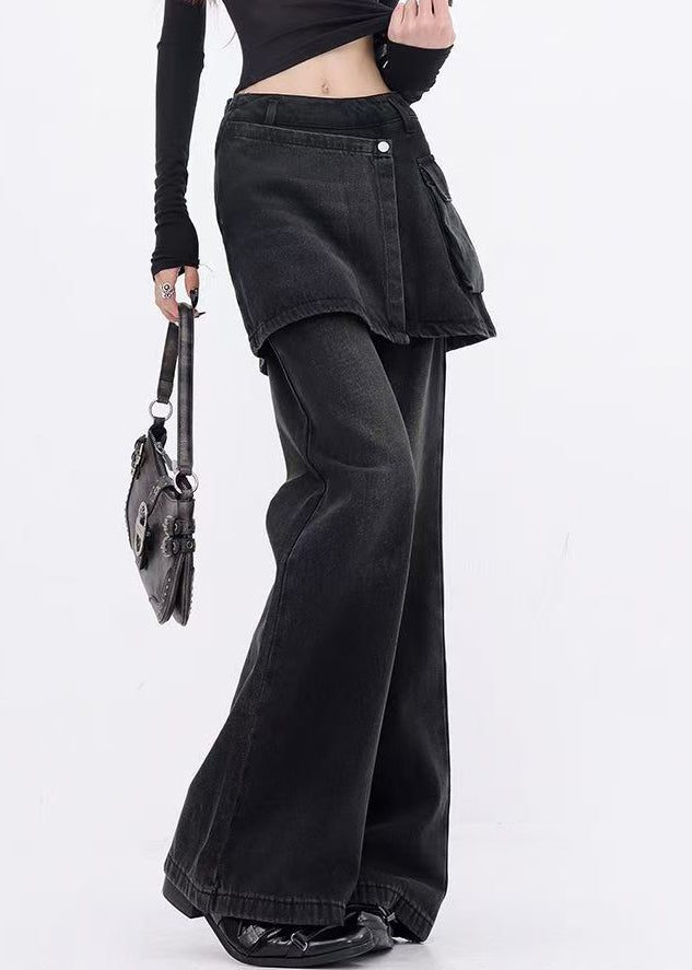 Modern Black False Two Pieces Patchwork Denim Flared Trousers Spring