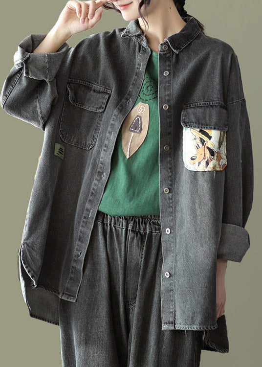 Black Peter Pan Collar Print Cotton Denim Shirt Long Sleeve