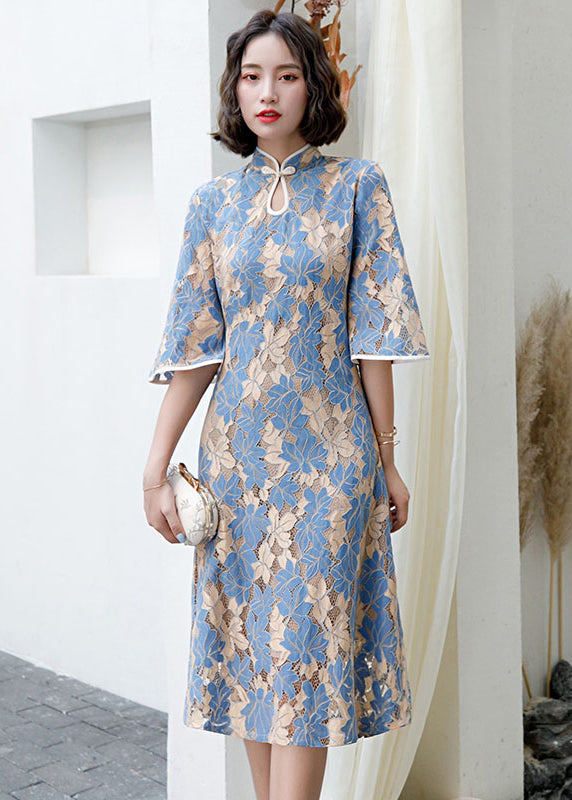 Blue Stand Collar Button Lace Cheongsam Dress Half Sleeve