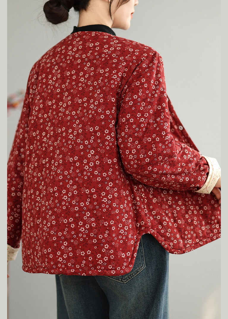 Red O Neck Button Print Thick Coats Winter
