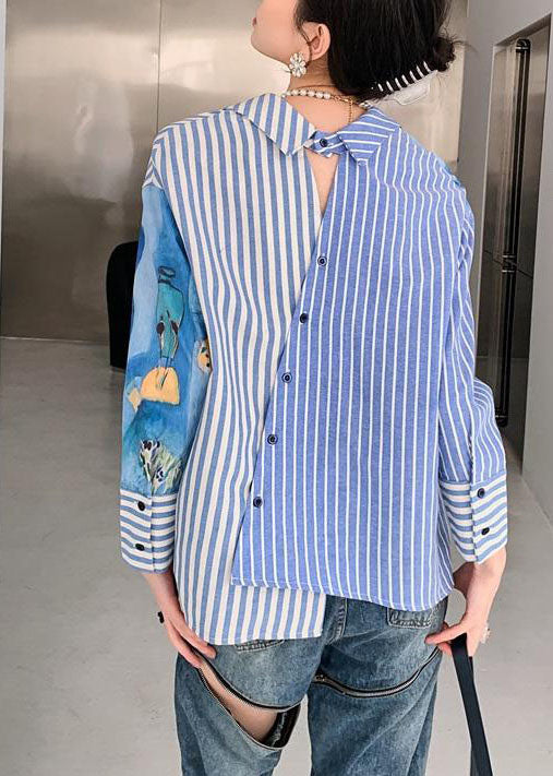 Blue Peter Pan Collar Striped Print Cotton Shirts Spring
