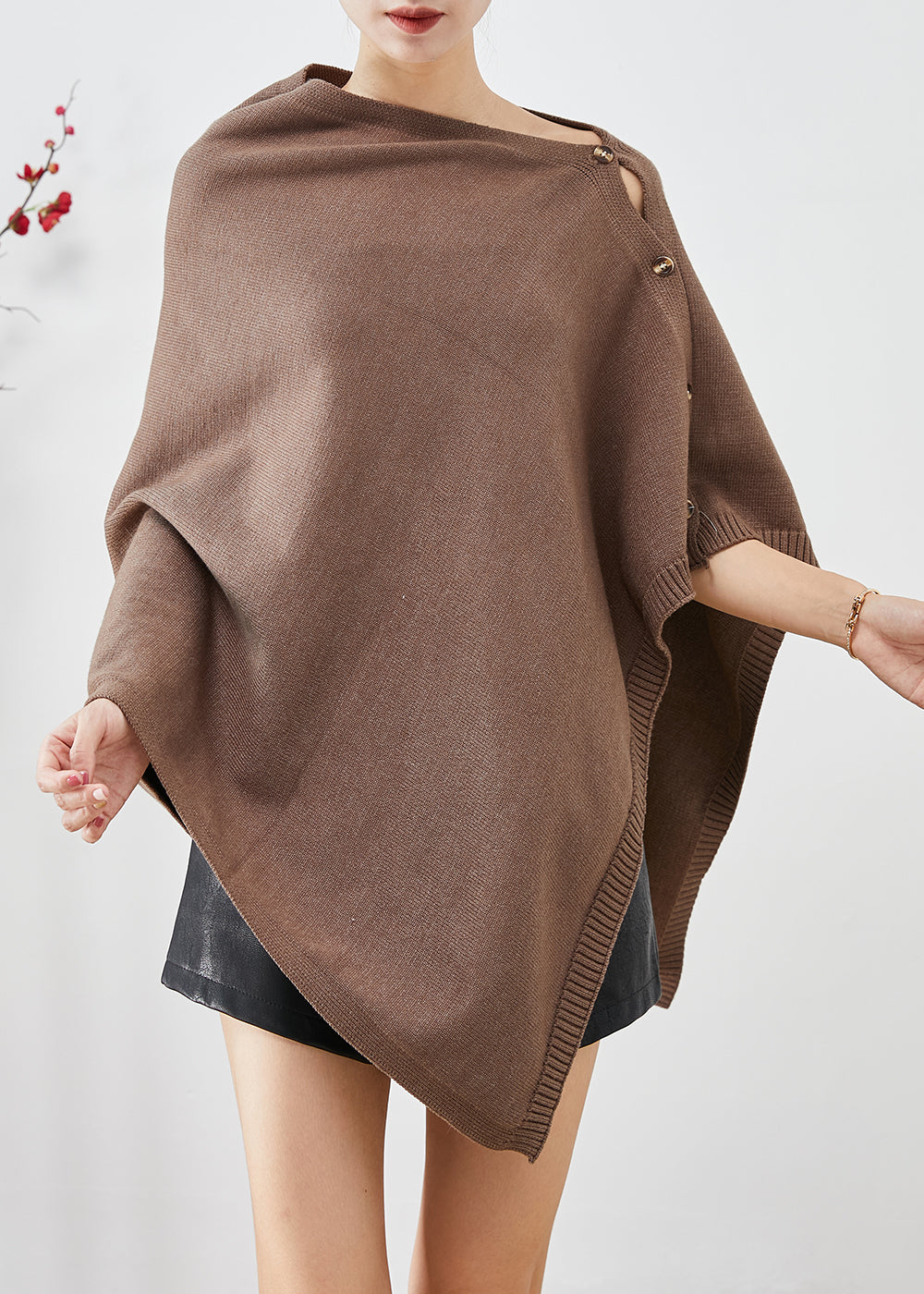 Brown Asymmetrical Button Down Knit Pullover Winter