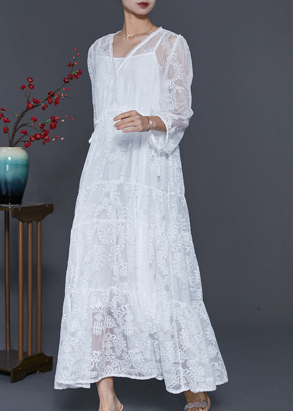 White Embroidered Lace Maxi Dresses Spring