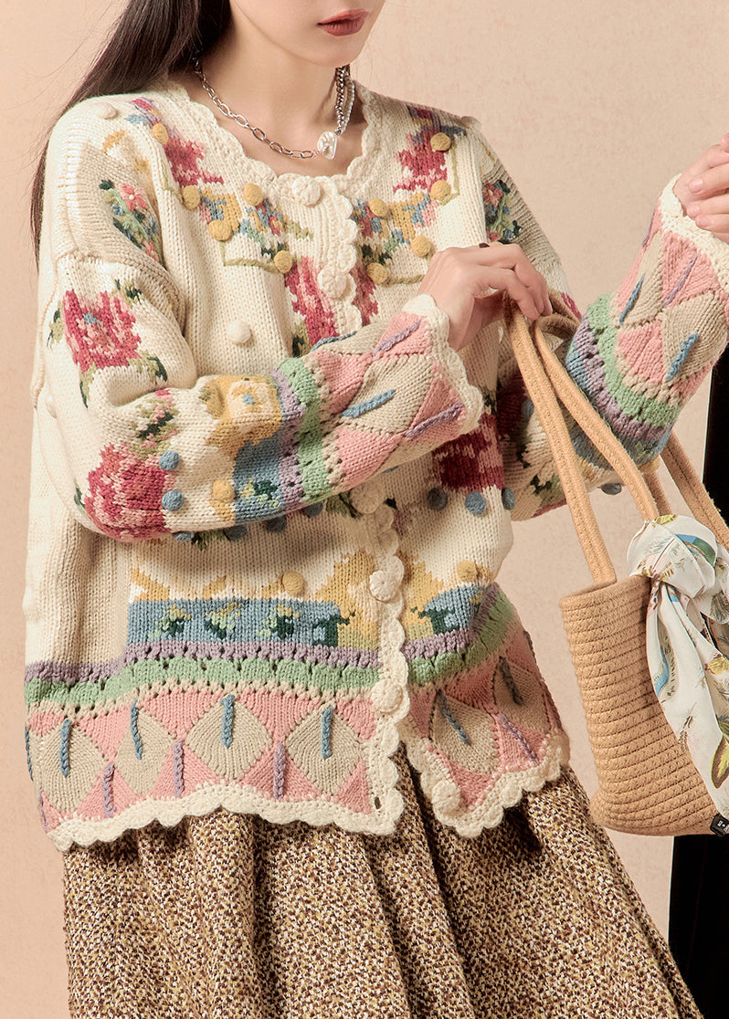 Beige Button Patchwork Knit Coats Winter
