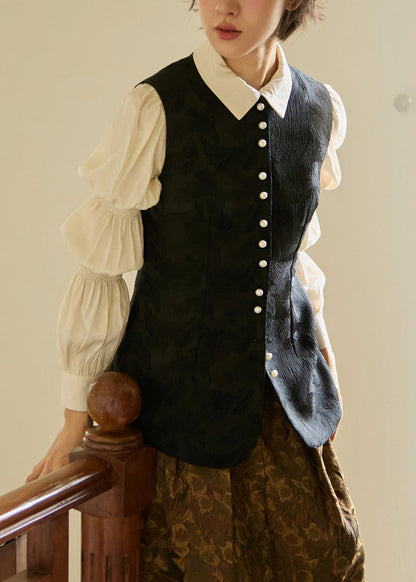 Black O Neck Jacquard Button Silk Vest Sleeveless