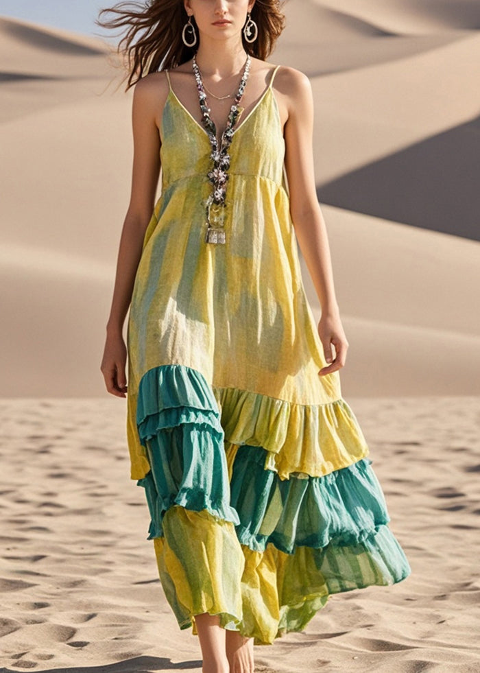 Yellow Tie Dye Patchwork Cotton Sundress Summer