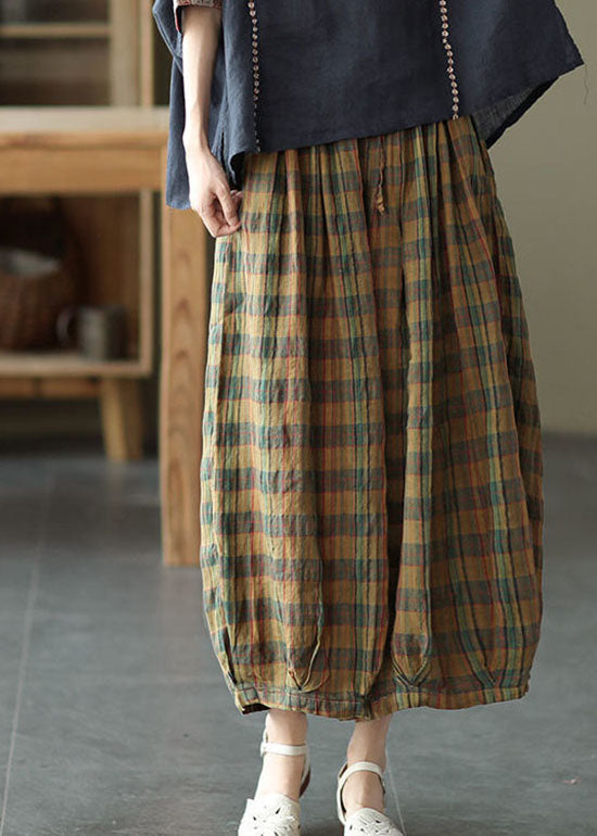 Yellow Plaid Print Cotton Wide Leg Pants Drawstring Spring