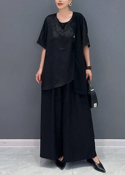 Jacquard Red Asymmetrical Patchwork Tassel Silk Top and Wide Leg Pants Two Pieces Set Short Sleeve