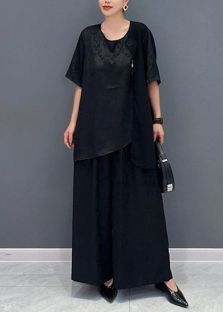 Jacquard Red Asymmetrical Patchwork Tassel Silk Top and Wide Leg Pants Two Pieces Set Short Sleeve