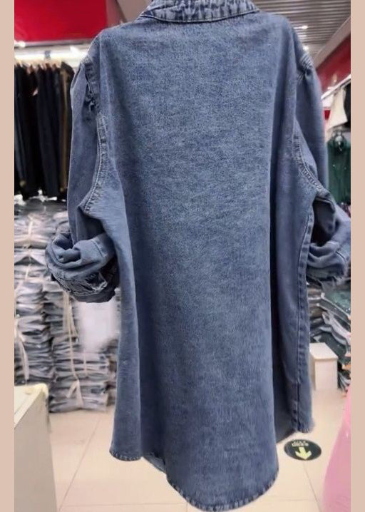 New Blue Ruffled Button Denim Blouse Long Sleeve Spring