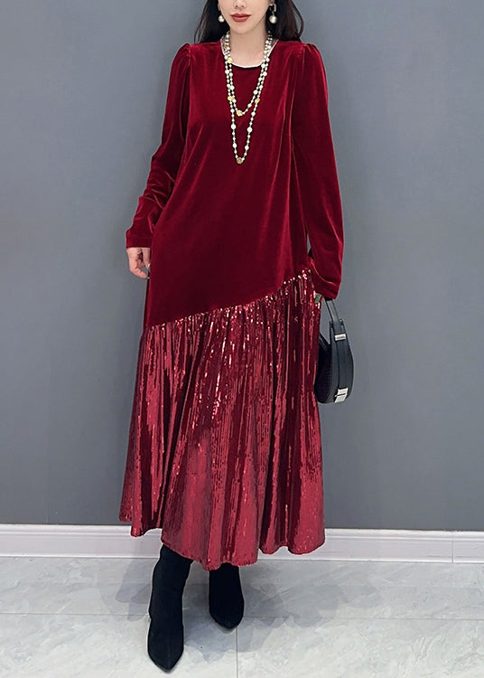 New Red Patchwork Silk Velour Long Dress Long Sleeve