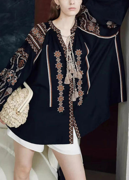 Loose Black Printing Patchwork Linen Shirts Puff Sleeve