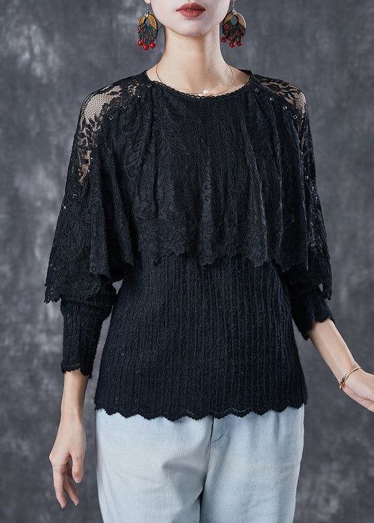 Black Hollow Out Patchwork Lace Tops Spring