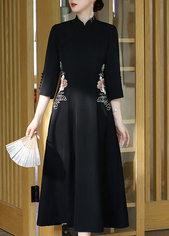 Black Stand Collar Embroideried Button Party Tulle Maxi Dress Long Sleeve