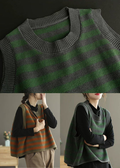 Orange Striped Knit Vest O-neck Oversized Spring