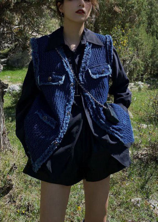 French Navy Retro V Neck Denim Pockets Fall Vest
