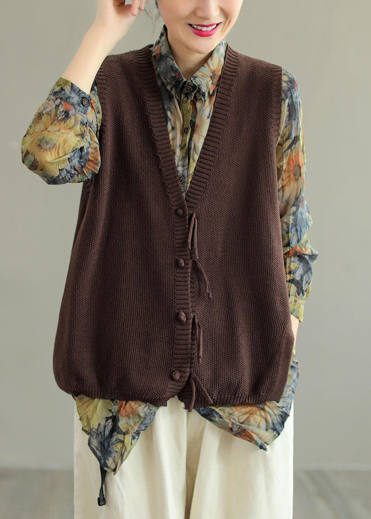 Brown V Neck Button Tassel Patchwork Knit Vest Sleeveless