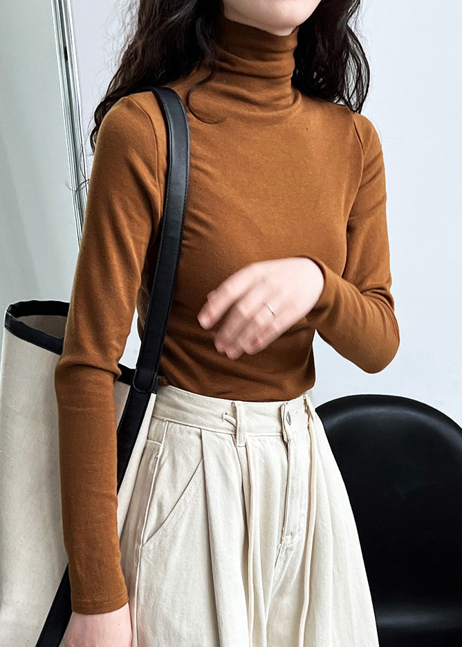 Simple Caramel Turtle Neck Versatile T Shirts Autumn