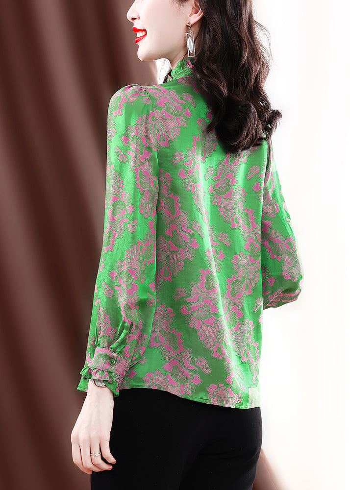 Green Stand Collar Button Ruffled Jacquard Silk Shirt Top Long Sleeve
