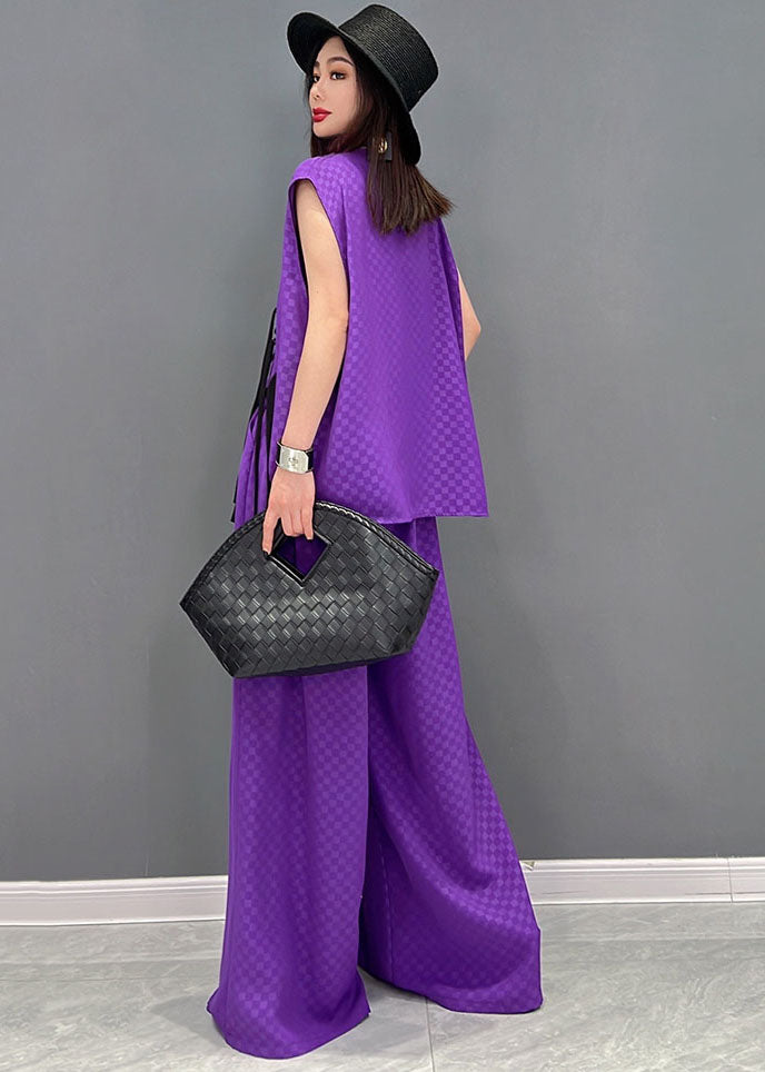 Purple Jacquard Chiffon Vest and Wide Leg Pants Two Pieces Set Elastic Waist Sleeveless