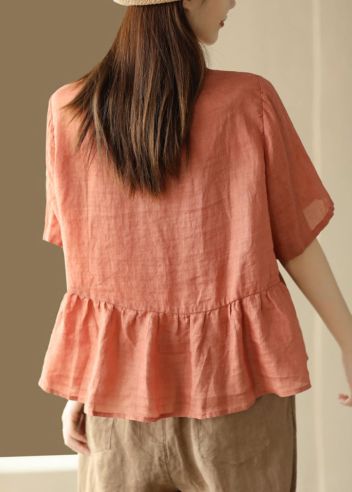 Classy Purple O-neck Embroideried Patchwork Linen Blouse Tops Summer