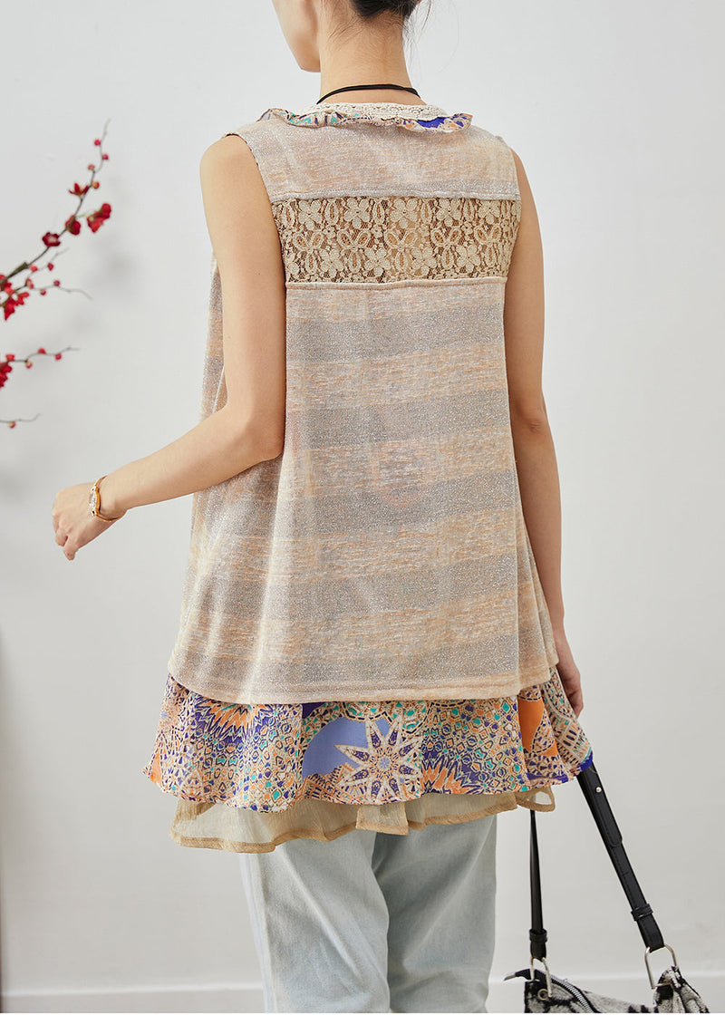 Khaki Lace Up Patchwork Ruffles Cotton Vests Sleeveless