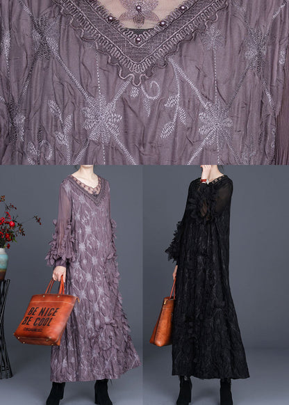 Black V Neck Wrinkled Nail Bead Fall Long Dresses