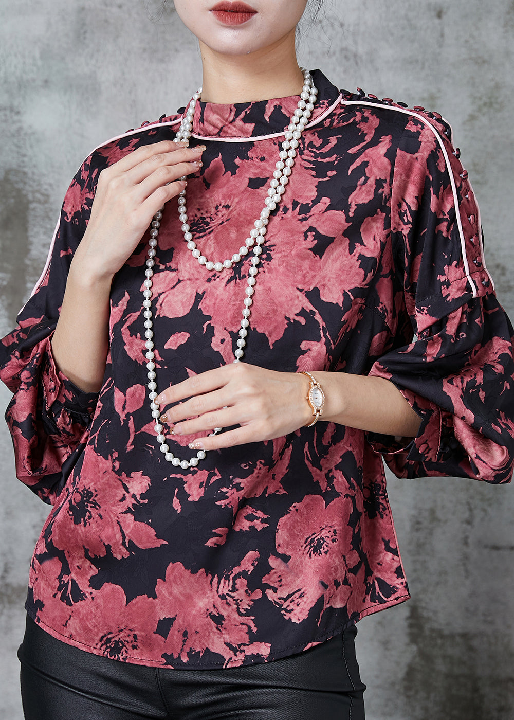 Brick Red Stand Collar Print Chiffon Shirt Top Lantern Sleeve