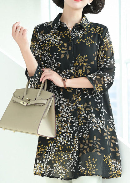 Dark Blue Peter Pan Collar Print Button Chiffon Long Shirt Tops Bracelet Sleeve