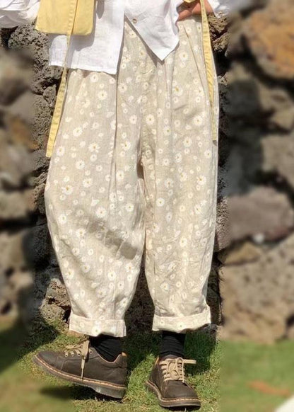 Beige Pockets Print Fall Pants