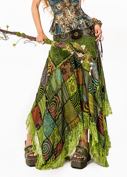 Green Print Lace Patchwork Maxi Skirt