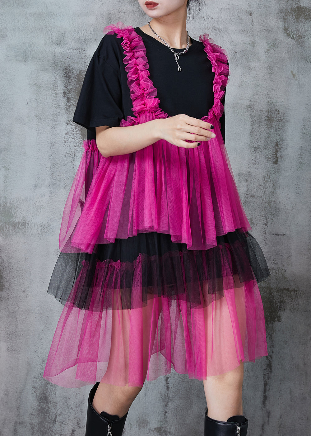 Black Oversized Patchwork Layered Tulle Vacation Dress Summer