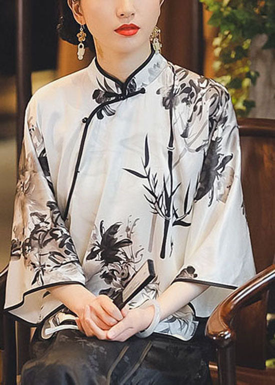 Chinese Style White Stand Collar Button Print Silk Top Spring