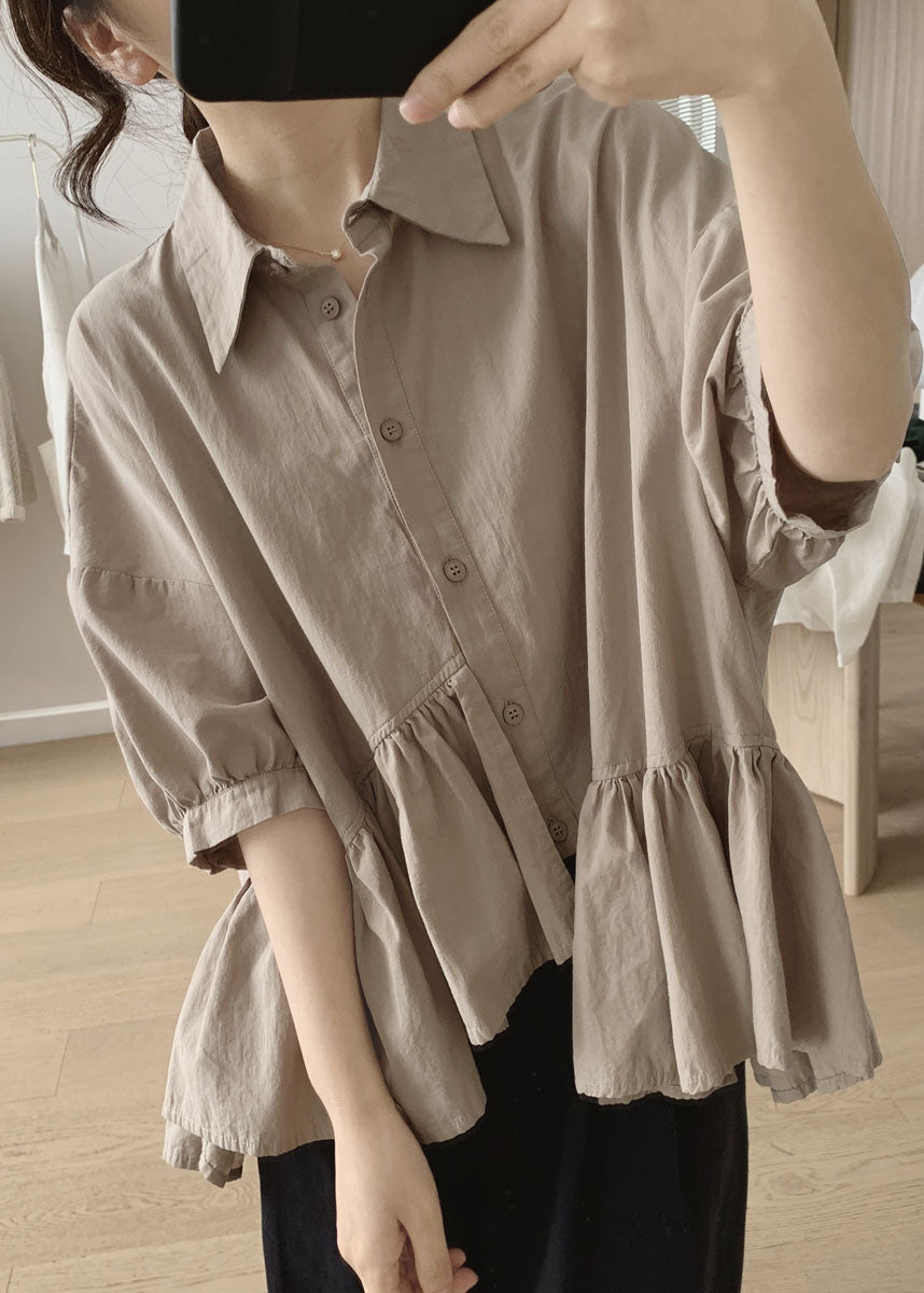 Khaki Peter Pan Collar Asymmetrical Wrinkled Cotton Shirt Summer
