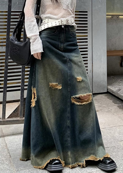 Denim Blue Hole High Waist Skirts Fall